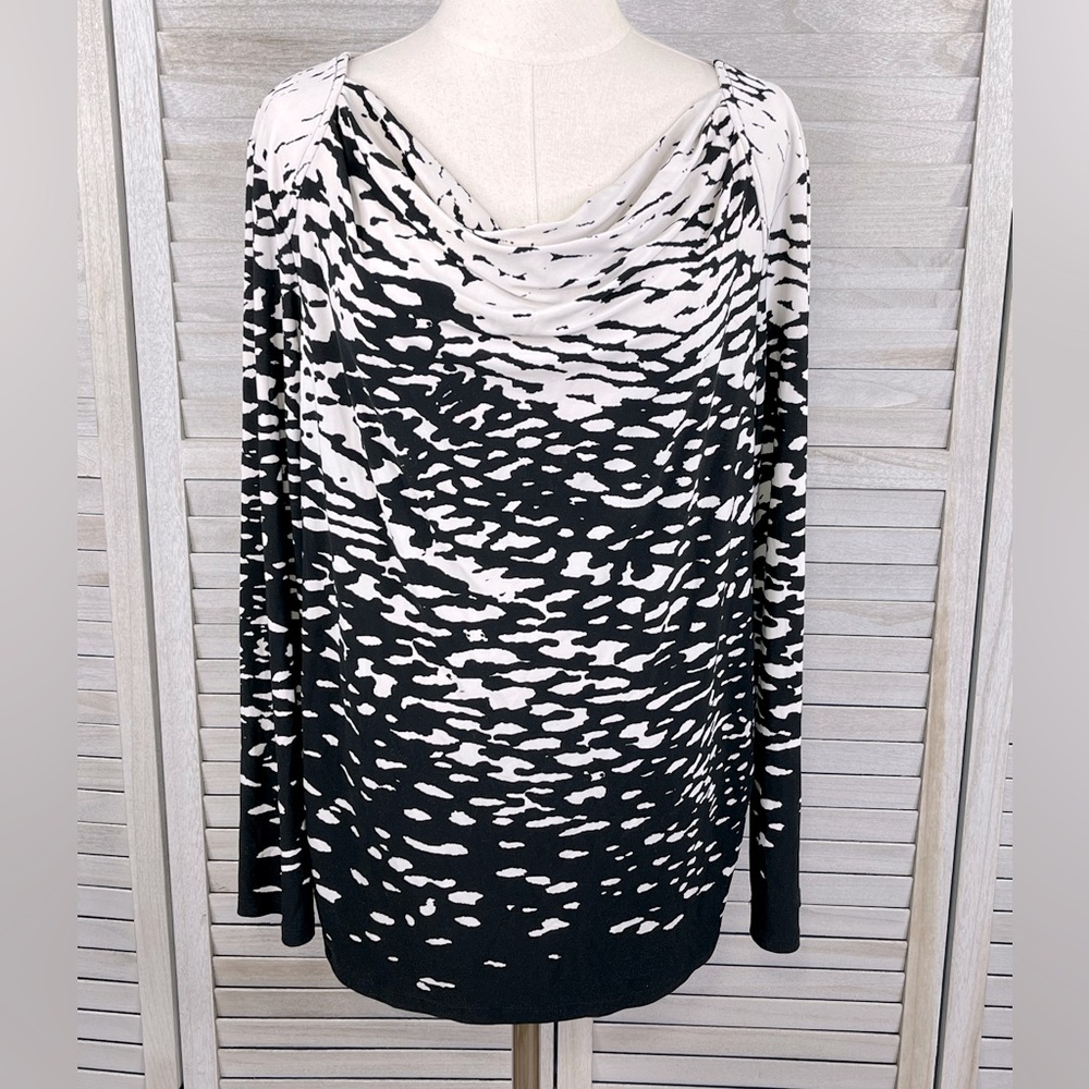 DANA BUCHMAN Drape Neck Long Sleeve Blouse Stretchy Black & White-XL